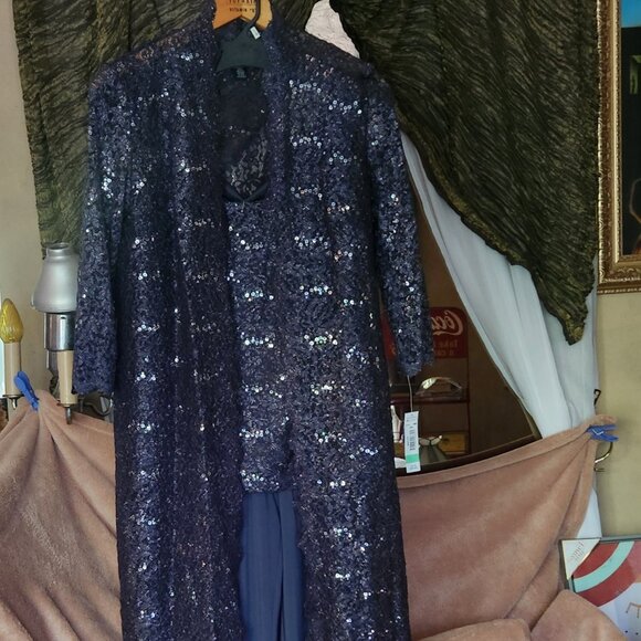 New 3 Piece Shimmery Long Sheer Scalloped Lace Jacket,  Lace TankTop & Pants Sz8 - Picture 1 of 16